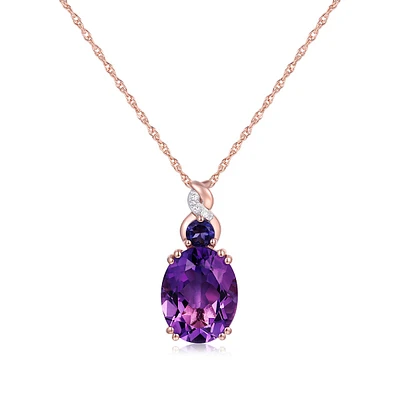 Oval Amethyst, Round Iolite, & Diamond Accent Twist Pendant in 14K Pink Gold