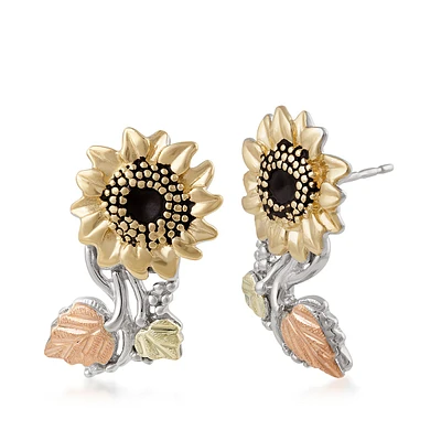 Black Hills Gold Sunflower & Hanging Leaf Earrings in 10K White & Yellow Gold