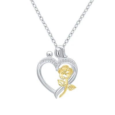 Diamond Accent Mom & Child Heart Pendant with Flower in Sterling Silver & 10K Yellow Gold