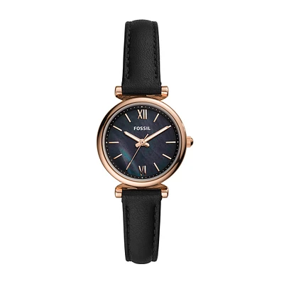 Fossil Ladies' Carlie Quartz Rose Gold-Tone Stainless Steel Watch with Mother of Pearl Dial & Black Leather Strap