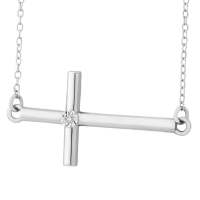 Diamond Accent Sideways Cross Necklace in Sterling Silver