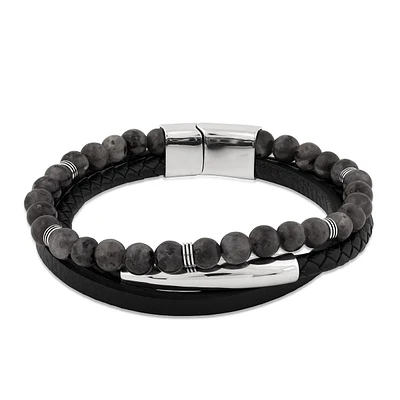 Men's Black Labradorite Bead 8.5" Leather Cord Bracelet in Sterling Silver