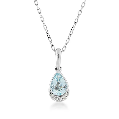 Pear Aquamarine & Diamond Accent Pendant in 10K White Gold