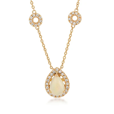 Pear Opal & 1/4 ct. tw. Diamond Halo & Chain Accent Pendant in 14K Yellow Gold