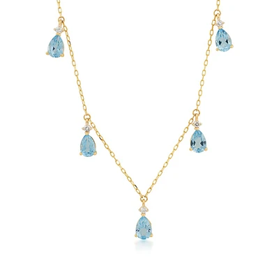 Pear Swiss Blue Topaz & 1/10 ct. tw. Diamond Dangle Station Necklace in 10K Yellow Gold