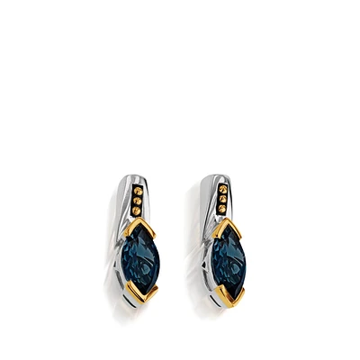 John Atencio Marquise Blue Topaz Elixer Earrings in Sterling Silver & 14K Yellow Gold Plating