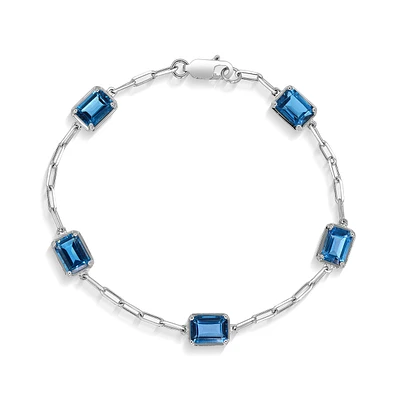 Emerald Cut London Blue Topaz Paperclip Bracelet in Sterling Silver