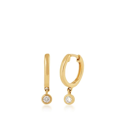 Demi Fine Diamond Accent Bezel Set Drop Huggie Hoop Earrings in 10K Yellow Gold