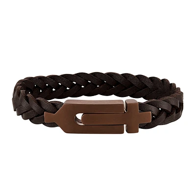 Bulova Men's Brown Leather 8" Braid Bracelet in Brown Ion Plated Stainless Steel