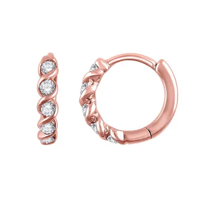 1/10 ct. tw. Round Diamond Hoop Earrings with Twisted Gold Border Design in 10K Pink Gold