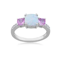 3-Stone Created Cushion Opal & Pink Sapphire Ring with White Accents Sterling Silver