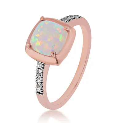 Created Cushion Cut Opal Fashion Ring with Diamond Accent Band 10K Pink Gold