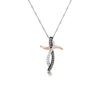 Mocha Collection 1/4 ct. tw. Mocha & White Diamond Cross Pendant in Sterling Silver & 10K Pink Gold