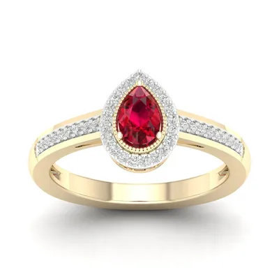 Red Pear-Shaped Ruby and 1/8 ct. tw. Diamond Halo Ring with Milgrain Filigree Design 10K Yellow Gold