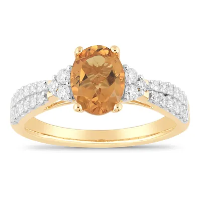 Oval Citrine and .34 ct. tw. Diamond Ring with Triple Side Stones Double Row Diamonds on Band 10K Yellow Gold - GBS3383RCITZC