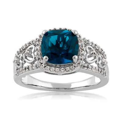 Cushion Cut London Blue Topaz Ring with White Sapphire Heart Accented Band & Halo Sterling Silver - RF476974P684