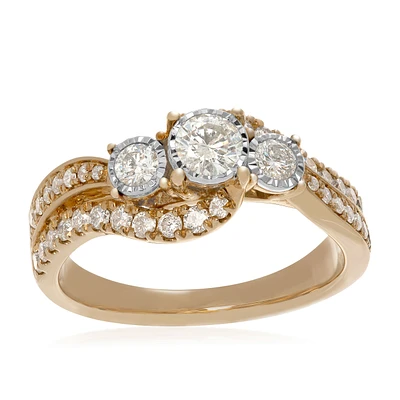 7/8 ct. tw. Round Brilliant 3-Stone Diamond Bypass Engagement Ring with Miracle Plates 14K Yellow Gold