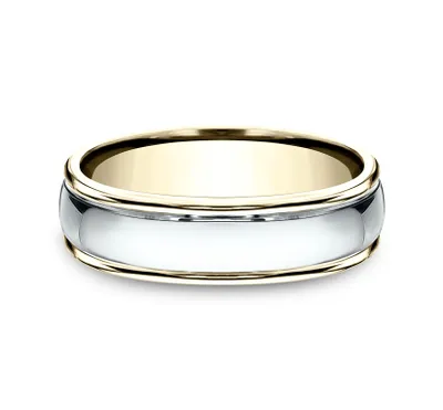 Benchmark Men's 6.0mm Wedding Band with Polished Center 14K White and Yellow Gold - ALCF1560814KW