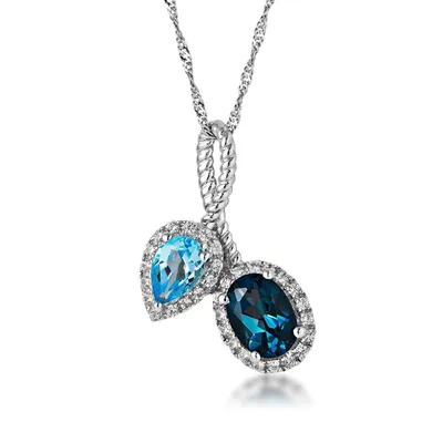 Genuine Oval London Blue & Pear Shaped Swiss Blue Topaz Pendant with Created White Sapphire Halos in Sterling Silver - P248927SSL640