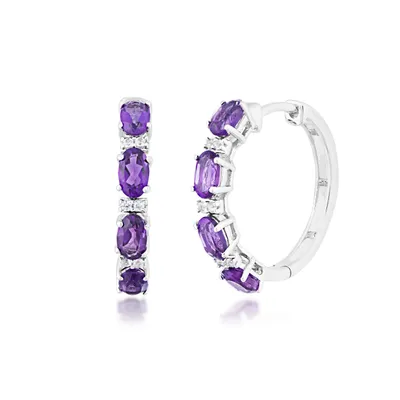 Amethyst and Created White Sapphire Hoop Earrings in Sterling Silver - 482907EFO832