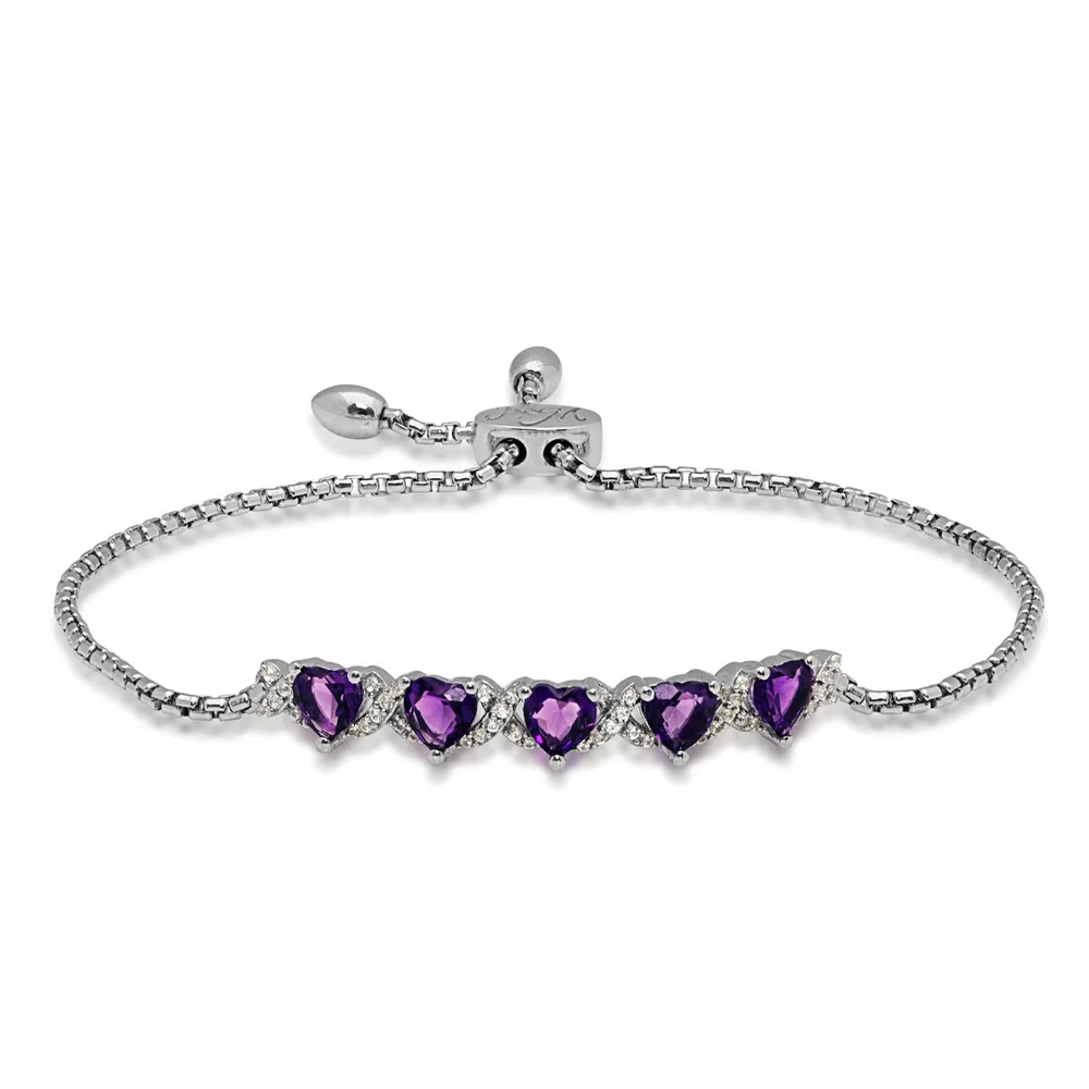 Heart Amethyst and Created White Sapphire XO Bolo Bracelet in Sterling Silver