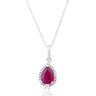 Pear-Shaped Ruby and .06 ct. tw. Diamond Halo Pendant in 10K White Gold 