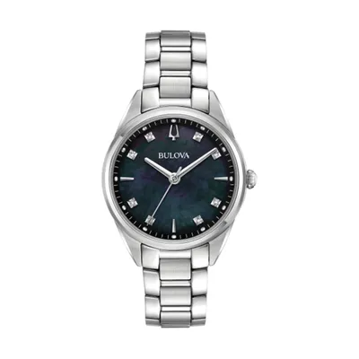 Bulova Ladies' Sutton Stainless Steel Watch with Black Mother-of-Pearl Dial and Silver Link Band - 96P198 