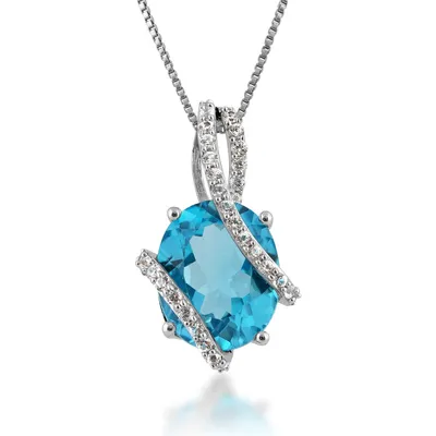 Oval Swiss Blue Topaz and Created White Sapphire Pendant in Sterling Silver - ZP4612SB99388