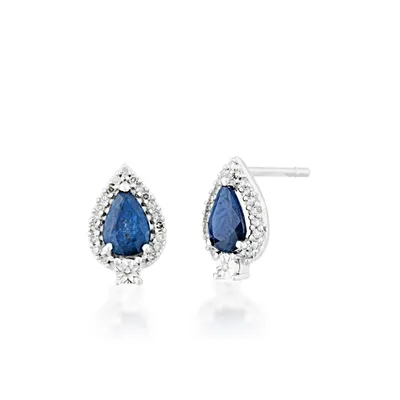 Genuine Pear Shaped Blue Sapphire with 1/10 ct. tw. Diamond Halo Earrings in 10K White Gold - 483798EF0S7