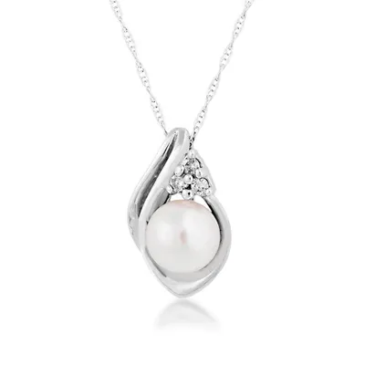 Cultured Round White Pearl & Diamond Accent Cluster Pendant in 10K White Gold