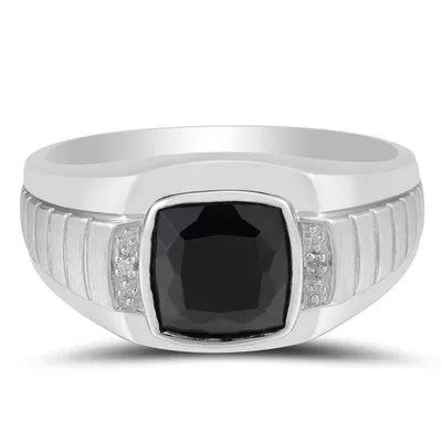 Men's Genuine Cushion Cut Onyx Ring with .01 ct. tw. Diamond Accents Sterling Silver