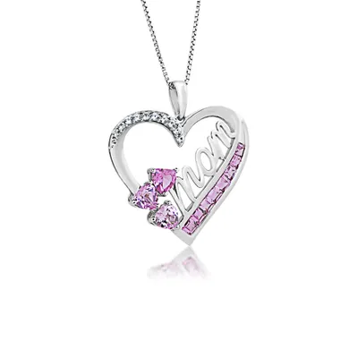 Created Pink and White Sapphire Mom Heart Pendant in Sterling Silver 