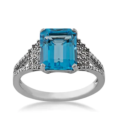 Emerald Cut Swiss Blue Topaz Ring with White Accented Band Sterling Silver - R11040BTWTS