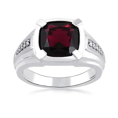 Cushion Garnet and 1/10 ct. tw. Men's Diamond Ring Sterling Silver - RM484800-SS