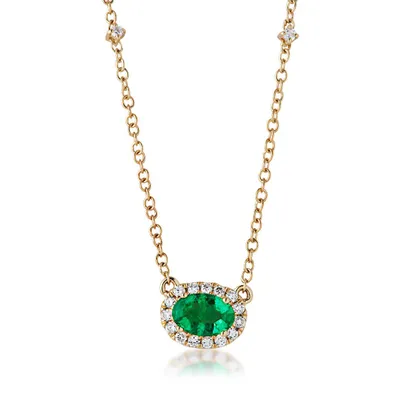 Genuine Oval Emerald Necklace with Diamond Halo & Chain Accents in 10K Yellow Gold - GJ16728P-BJ455Y