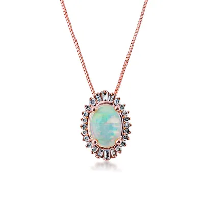 Impulse Collection Genuine Oval Opal Fashion Pendant with 1/8 ct. tw. Round & Tapered Baguette Diamond Starburst Halo in 10K Pink  Gold - PF4765OB3SC4-0P@