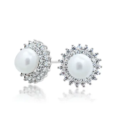 7-8mm Freshwater Cultured Pearl Earrings with Created White Sapphire Double Starburst Halo in Sterling Silver