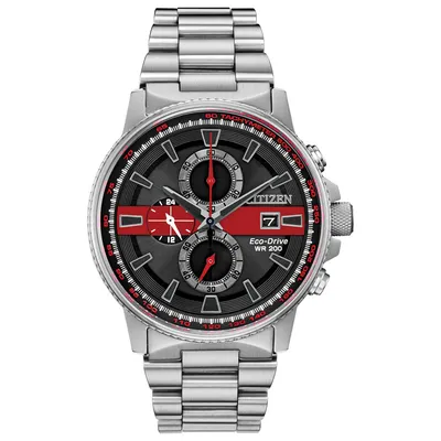 Citizen Men's Eco-Drive Chronograph Thin Red Line Series Watch with Black Dial in Stainless Steel- CA0299-57E