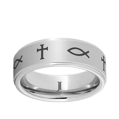 Men's 8mm Serinium Laser Engraved Band with Cross and Ichthus Engravings - RMSA006354