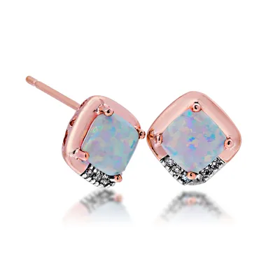Created Cushion Cut Opal with .06 ct. tw. Diamond Accented Stud Earrings in 10K Pink Gold-  DE1304-OTD-10KP
