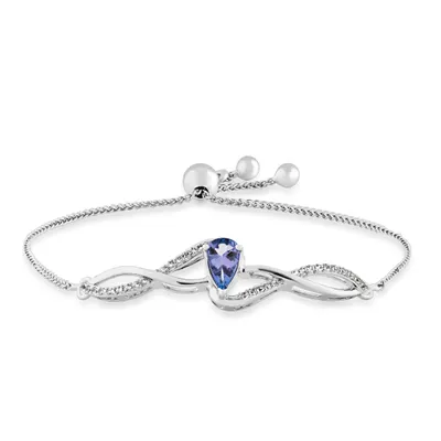 Genuine Pear-Shaped Tanzanite Bolo Bracelet with White Sapphire Accents in Sterling Silver - BF762346