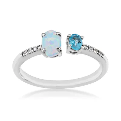 Oval Swiss Blue Topaz & Created Opal Open Top Ring with White Sapphire Band Sterling Silver - R809166SSP584