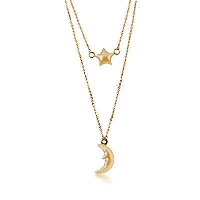 Moon and Stars Ladies' Layered Necklace in 10K Yellow Gold - 10KLYR46-17