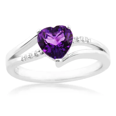 Heart Amethyst & Diamond Accent Split Shank Ring Sterling Silver