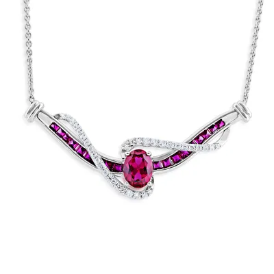 Created Oval Ruby and White Sapphire Bypass Bar Necklace in Sterling Silver