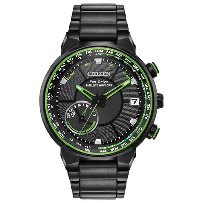 CITIZEN MEN'S SATELLITE WAVE GPS FREEDOM STAINLESS STEEL WATCH WITH BLACK DIAL AND GREEN ACCENTS - CC3035-50E