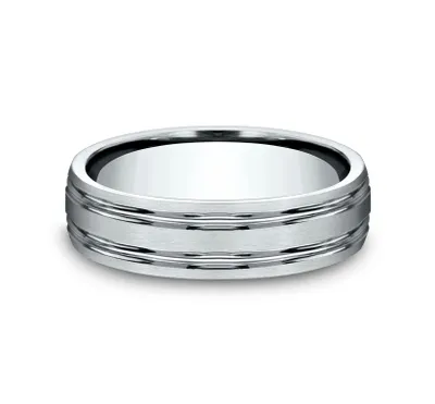 Benchmark Men's 4mm Comfort-Fit Wedding Band with Two High-Polished Parallel Grooves and Satin Center 14K White Gold - CF5644414KW10