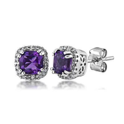 Genuine Cushion Cut Amethyst Earrings with 1/10 ct. tw. Diamond Halo in 10K White Gold - EF75318A2-AME