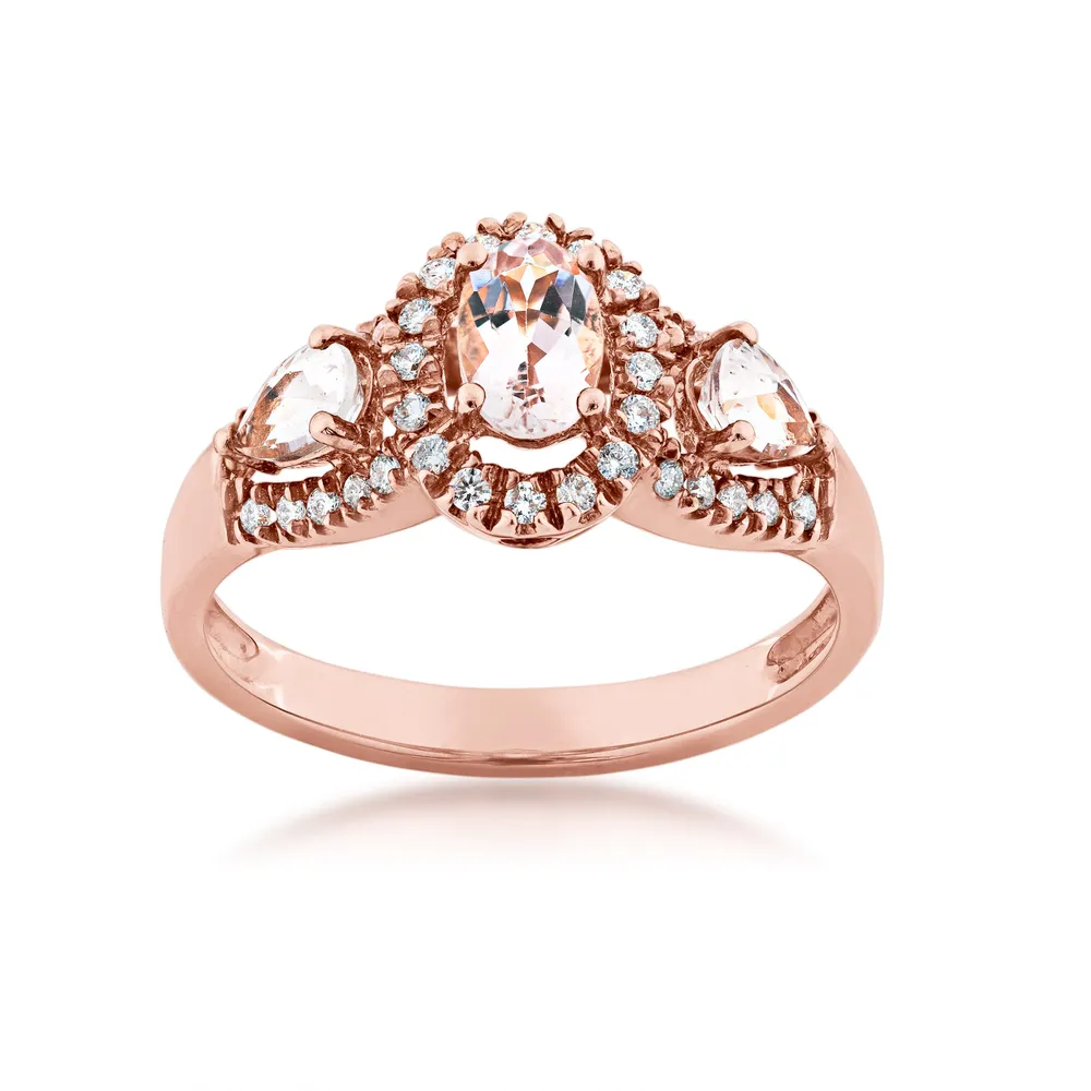 Genuine Oval & Pear Shaped Morganite Fashion Ring with 1/5 ct. tw. Diamond Halos 10K Pink Gold - GJ7323R