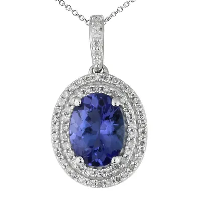 Genuine Oval Tanzanite Pendant with 1/5 ct. tw. Double Diamond Pave Halo in 10K White Gold - P-10139T